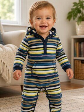 Tea Collection 12-18 month boys stipe one piece hooded outfit EUC